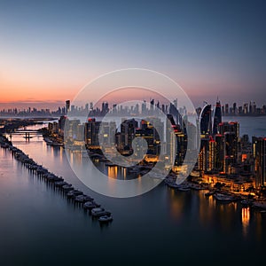 Manama, Bahrain - November10,: Beautiful Aerial View of Four seasons hotel and Bahrain Bay at blue hour. made with