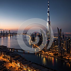 Manama, Bahrain - November10,: Beautiful Aerial View of Four seasons hotel and Bahrain Bay at blue hour. made with