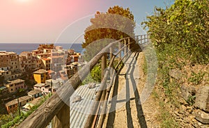 Manarola, Liguria, Italy. June 2020. Panoramic view of the seaside village. The panoramic path runs parallel to the building: the