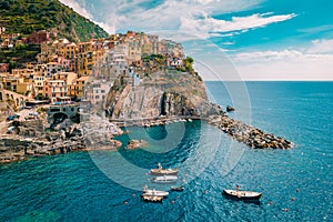 Manarola Village, Cinque Terre Coast Italy. Manarola is a beautiful small colorful town province of La Spezia, Liguria