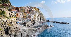 Manarola Village Cinque Terre Coast Italy. Manarola colorful town Liguria on a sunny day