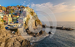 Manarola Village Cinque Terre Coast Italy. Manarola colorful town Liguria on a sunny day