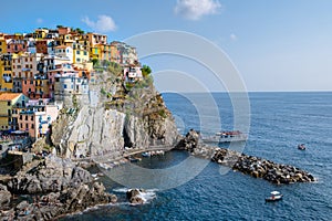 Manarola Village Cinque Terre Coast Italy. Manarola colorful town Liguria on a sunny day