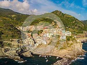 Manarola - Village of Cinque Terre National Park at Coast of Italy. Province of La Spezia, Liguria, in the north of Italy - Aerial