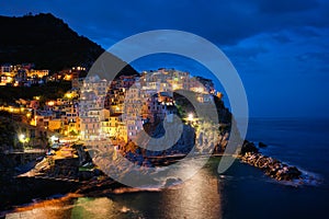 Manarola village in the night, Cinque Terre, Liguria, Italy