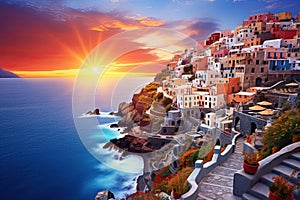 Manarola village at sunset, Cinque Terre, Italy, AI Generated