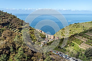 Manarola village viewed from hills in the direction iof Mediteranean Sea. Cinque Terre National parc  in the Northwest of Italy