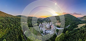 Manasija monastery castle walls aerial drone sunset panorama, Serbia