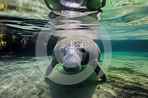 manatee in placid river, with its reflection visible on the surface