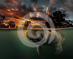 Manatee surfacing at sunrise