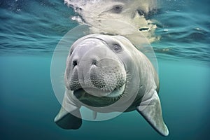 a manatees snout protruding through the waters surface