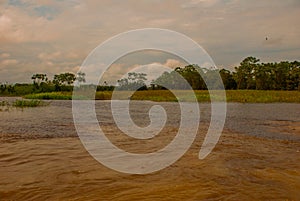 Manaus, Amazonas, Brazil: The merger of the two colored river, Rio Negro, Solimoes. Meeting, multi-colored waters do not mix, and photo