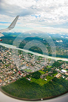 Manaus, Amazonas, Brazil: Top view of the river. Beautiful landscape from the window of the airplane