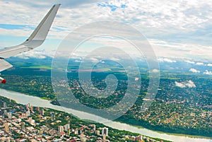 Manaus, Amazonas, Brazil: Top view of the river. Beautiful landscape from the window of the airplane