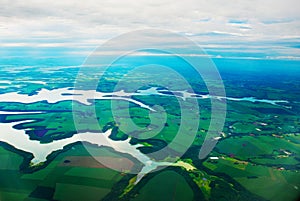 Manaus, Amazonas, Brazil: Top view of the river. Beautiful landscape from the window of the airplane