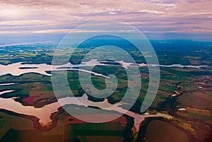 Manaus, Amazonas, Brazil: Top view of the river. Beautiful landscape from the window of the airplane