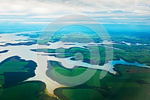 Manaus, Amazonas, Brazil: Top view of the river. Beautiful landscape from the window of the airplane