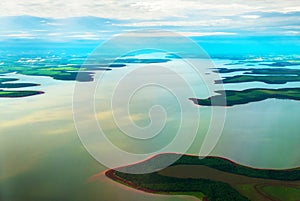 Manaus, Amazonas, Brazil: Top view of the river. Beautiful landscape from the window of the airplane