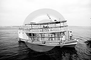 Manaus, Brazil - December 04, 2015: holiday cruiser ship on seascape. Pleasure boat float along sea coast. Summer