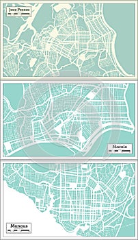 Manaus, Maceio, Joao Pessoa Brazil City Maps Set in Retro Style