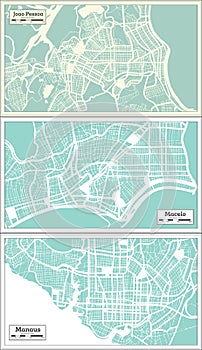 Manaus, Maceio, Joao Pessoa Brazil City Maps Set in Retro Style photo