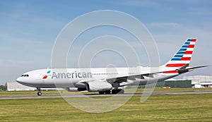 American Airlines Airbus A330-243 preparing to take off at Manchester Airport