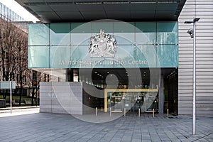 Manchester Civil Justice centre Spinningfields building front entrance in the UK