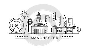 Manchester minimal style City Outline Skyline with Typographic. Vector cityscape with famous landmarks. Illustration for
