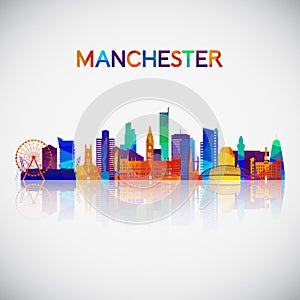 Manchester skyline silhouette in colorful geometric style.