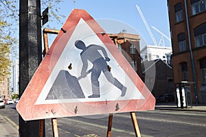 Manchester, UK - 10 May 2017: Warning Sign At Road Works On Manchester Street