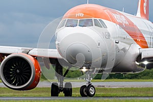 MANCHESTER UK, 30 MAY 2019: Easyjet Airbus A320 flight U21998 from Luqa turns off runway 23R at Manchaester Airport after landing