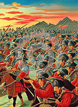 Manchu conquest of China ca 1644. Fictional Battle Depiction. Generative AI.