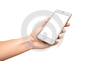 Mand holding the white smartphone with blank screen photo