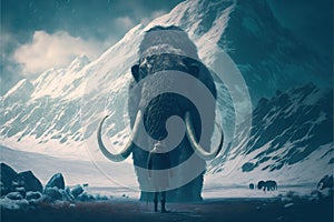 A mand standing in front of Woolly Mammoth towers in the winter landscape