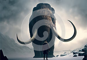 A mand standing in front of Woolly Mammoth towers in the winter landscape