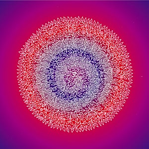 Mandala 1000 leaves on a colorful background. In the middle is the sign Aum / Om / Ohm. Spiritual symbol.