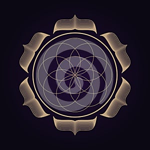 Mandala ancient geometry sacred symbol. Spiritual geometrical shape on ultra violet background