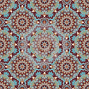 Mandala in blue and brown colors seamless pattern
