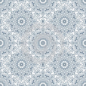 Mandala blue outline seamless pattern