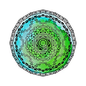 Mandala on the blue watercolor stain. Vector ornament, round decorative element for your design