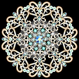 Mandala brooch jewelry, design element.  Geometric vintage ornamental background
