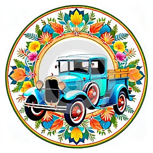 Mandala circle antique retro hauling pickup family travel