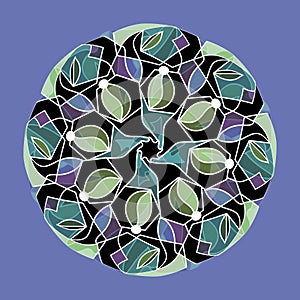 MANDALA CIRCLE FLOWER. PLAIN PURPLE BACKGROUND. CENTRAL DESIGN IN GREEN PURPLE, OLIVE , BLACK AND WHITE