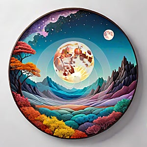 Mandala circle harvest moon rising setting landscape