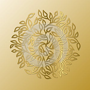 Mandala circle pattern. Round tree leaves gold ornament. Vector illustration.