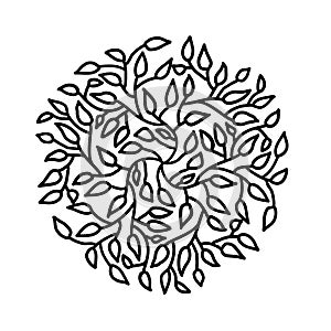 Mandala circle pattern. Round tree leaves ornament. Vector illustration.