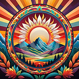 Mandala circle rising sun rays spiritual mountain landscape