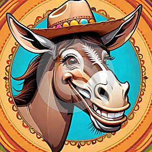 Mandala circle smiling friendly burro donkey western hat photo