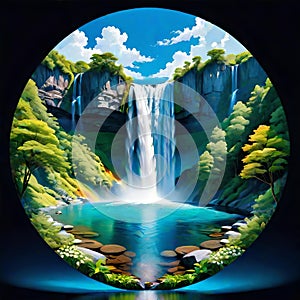 Mandala circle waterfall water pool tropical vegetation