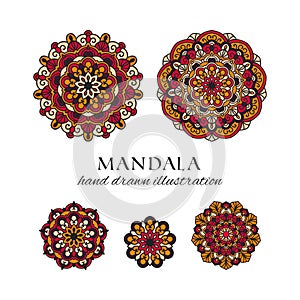 Mandala colored oriental round floral ornaments set. Colorful vector hand drawn decorations